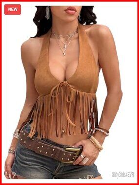 Boho Suede Fringe Sleeveless Tie Front Western Halter Crop Top